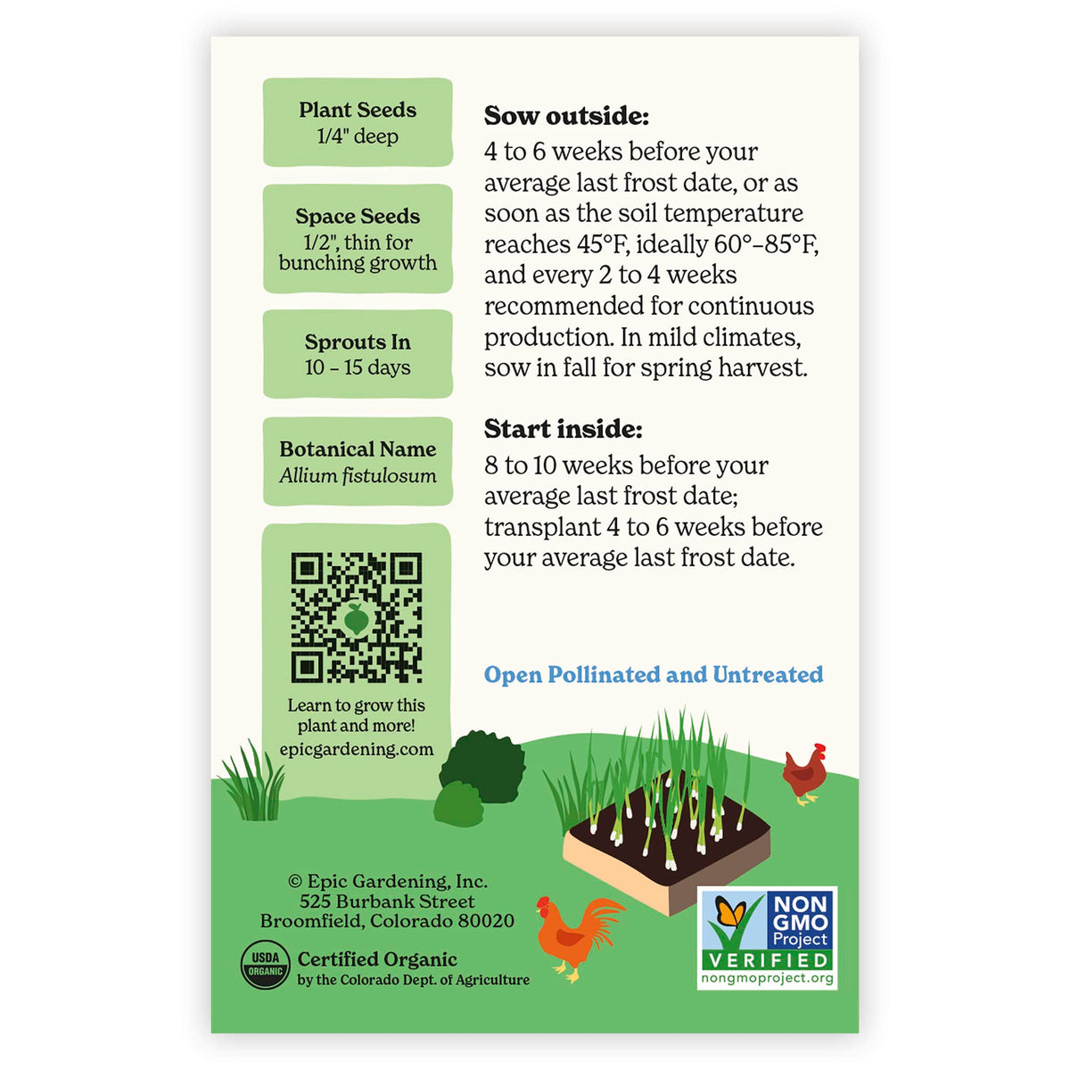 Back of an Epic Gardening USDA Organic Warrior Bunching Onion seed packet showing planting instructions, sowing guidelines, a QR code, and a garden bed illustration on a plain white background.