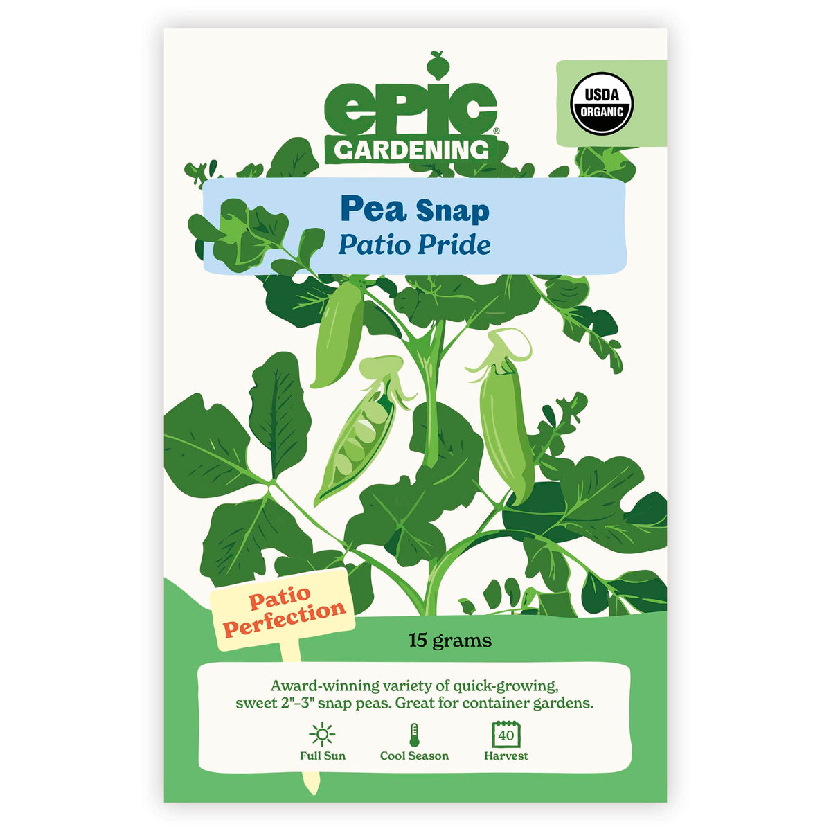 An Epic Gardening USDA Organic Patio Pride Snap Pea seed packet featuring an illustration of leafy pea vines and pods, a "Patio Perfection" callout, and 15 grams seed weight on a plain white background.