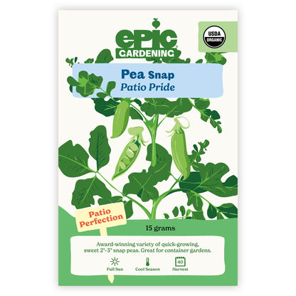 An Epic Gardening USDA Organic Patio Pride Snap Pea seed packet featuring an illustration of leafy pea vines and pods, a "Patio Perfection" callout, and 15 grams seed weight on a plain white background.