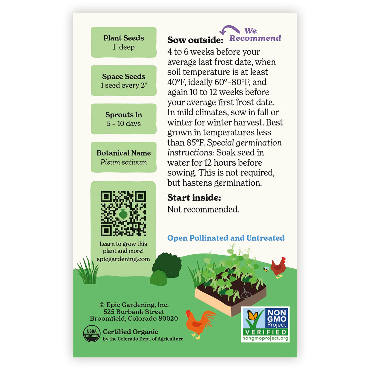 Back of an Epic Gardening USDA Organic Patio Pride Snap Pea seed packet showing planting instructions, sowing guidelines, a QR code, and a garden bed illustration on a plain white background.