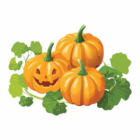 Detailed botanical illustration of three bright orange Spookie Pumpkins with leafy green vines, including one pumpkin carved into a smiling jack-o'-lantern, isolated on a plain white background.