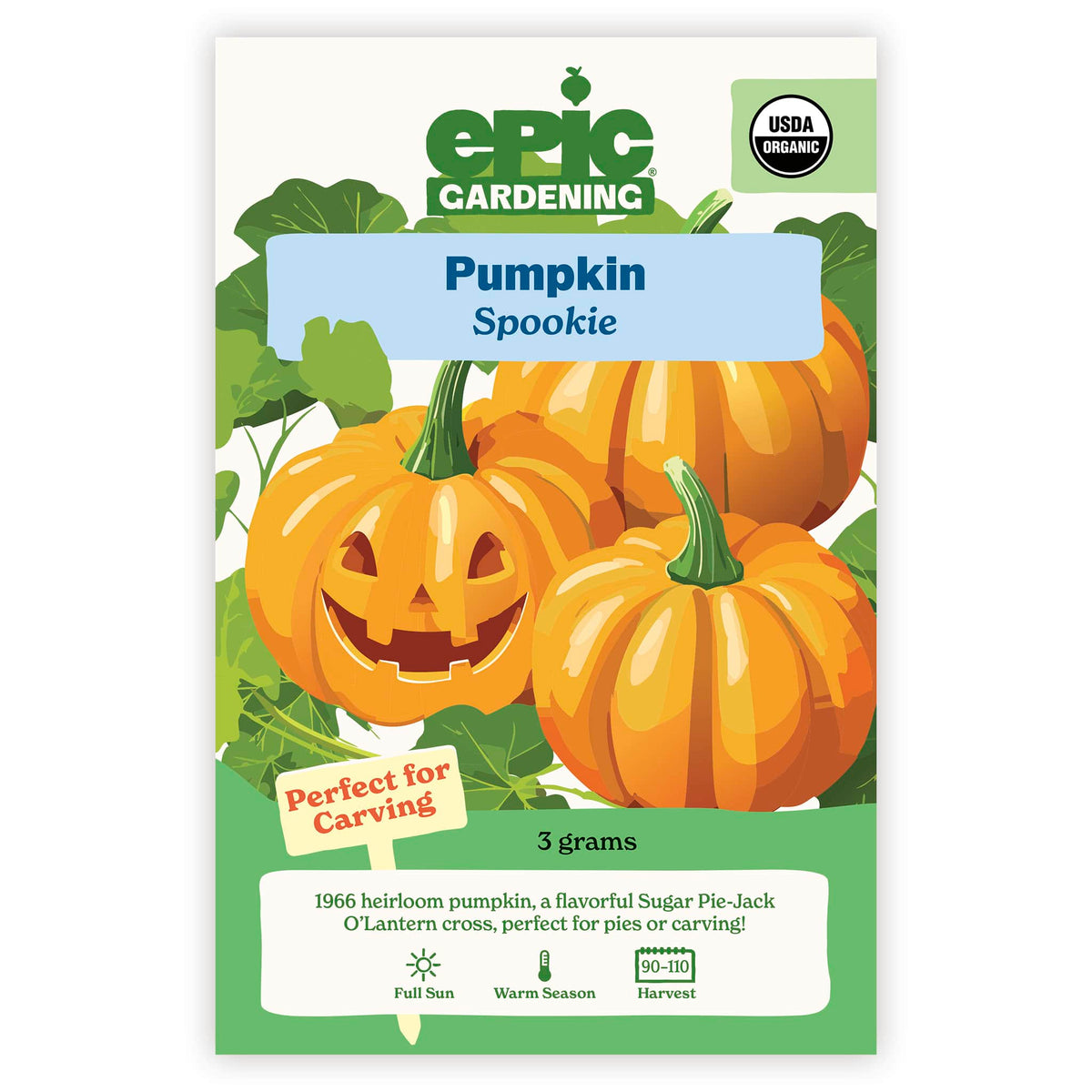 An Epic Gardening USDA Organic Spookie Pumpkin seed packet featuring an illustration of bright orange pumpkins with a carved jack-o'-lantern, a "Perfect for Carving" callout, and 3 grams seed weight on a plain white background.