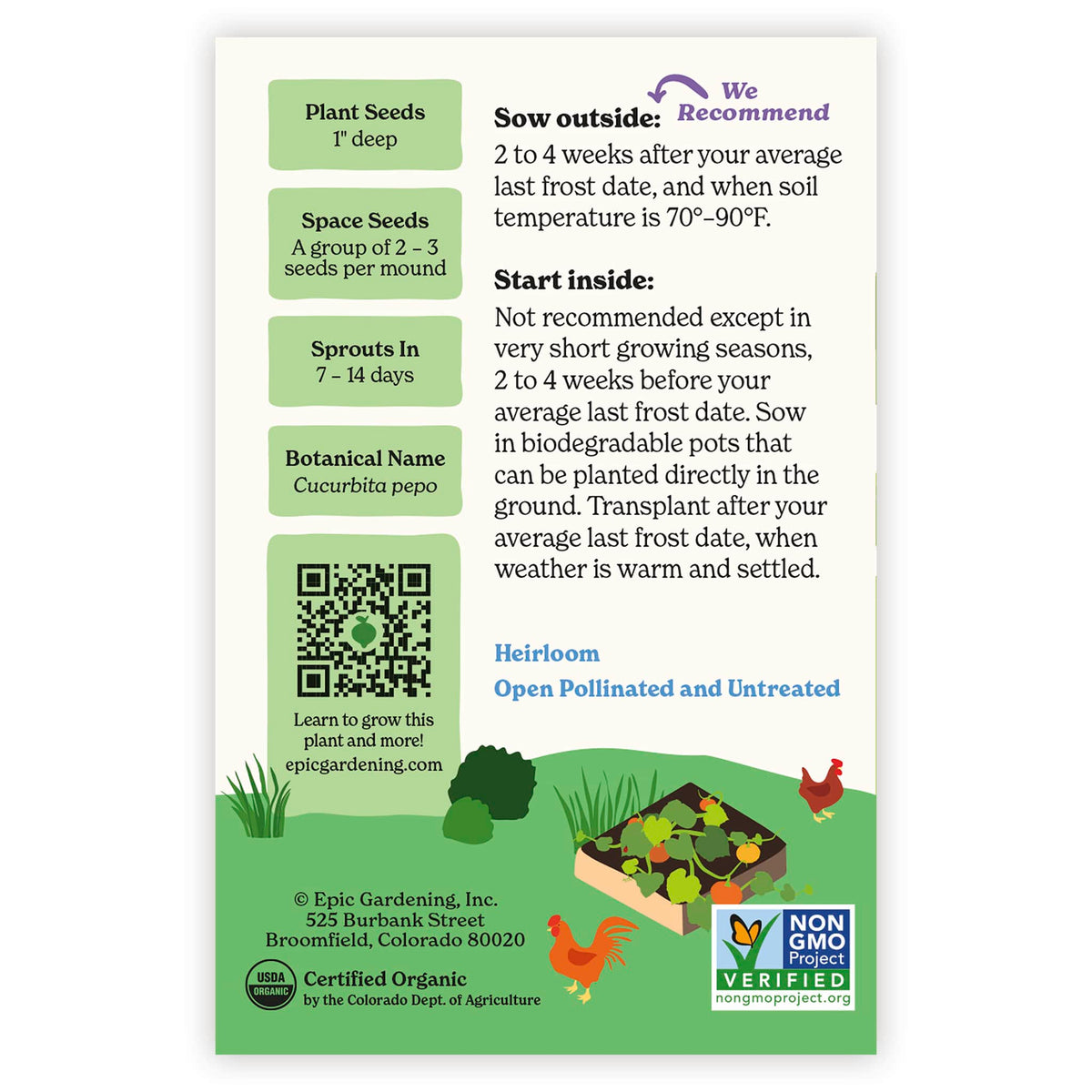 Back of an Epic Gardening USDA Organic Spookie Pumpkin seed packet showing planting instructions, sowing guidelines, a QR code, and a garden bed illustration on a plain white background.
