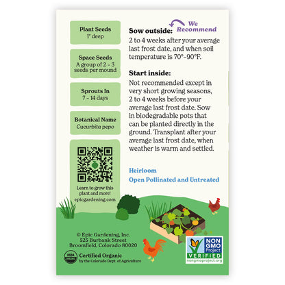 Back of an Epic Gardening USDA Organic Spookie Pumpkin seed packet showing planting instructions, sowing guidelines, a QR code, and a garden bed illustration on a plain white background.