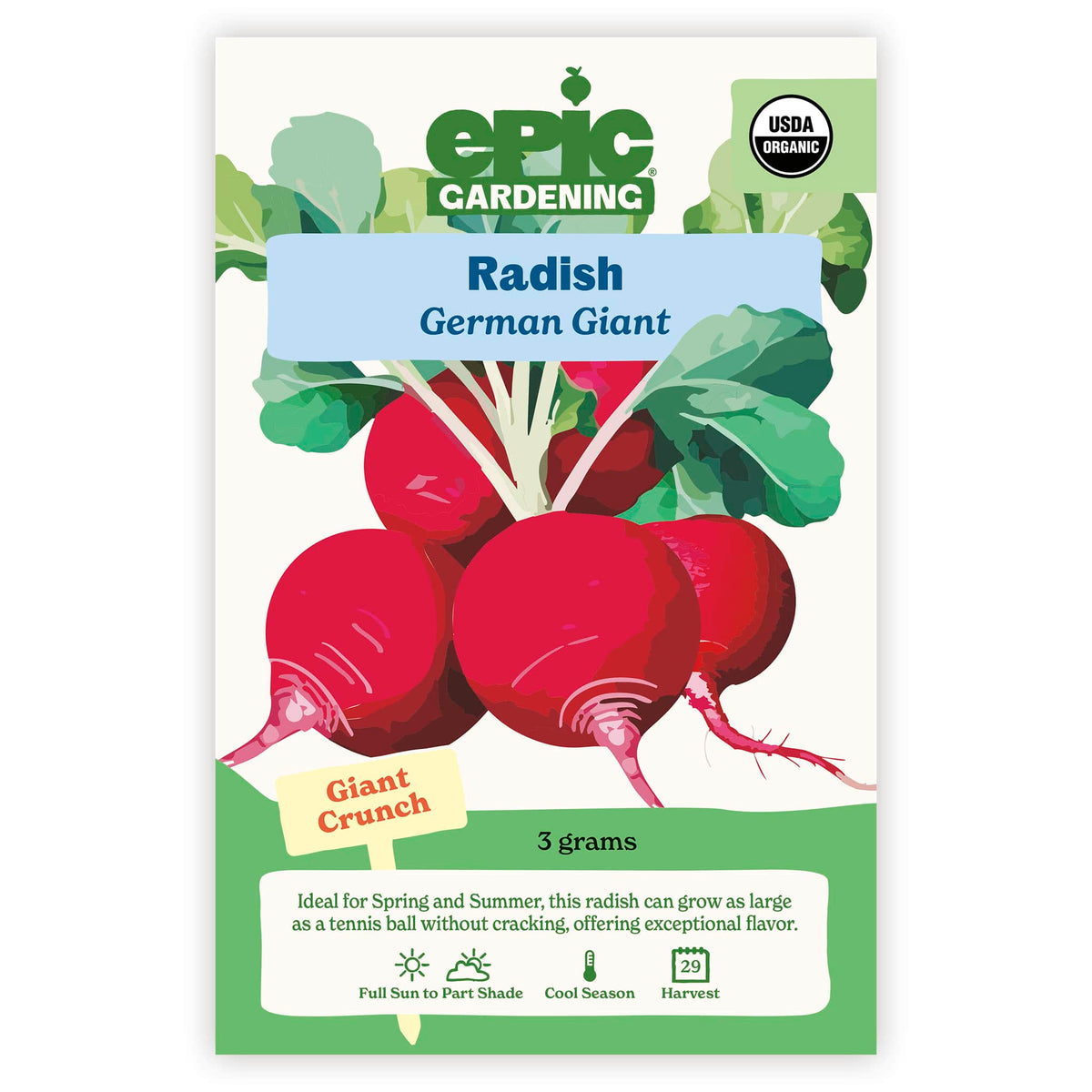 An Epic Gardening USDA Organic German Giant Radish seed packet featuring an illustration of large red radishes, a "Giant Crunch" callout, and 3 grams seed weight on a plain white background.