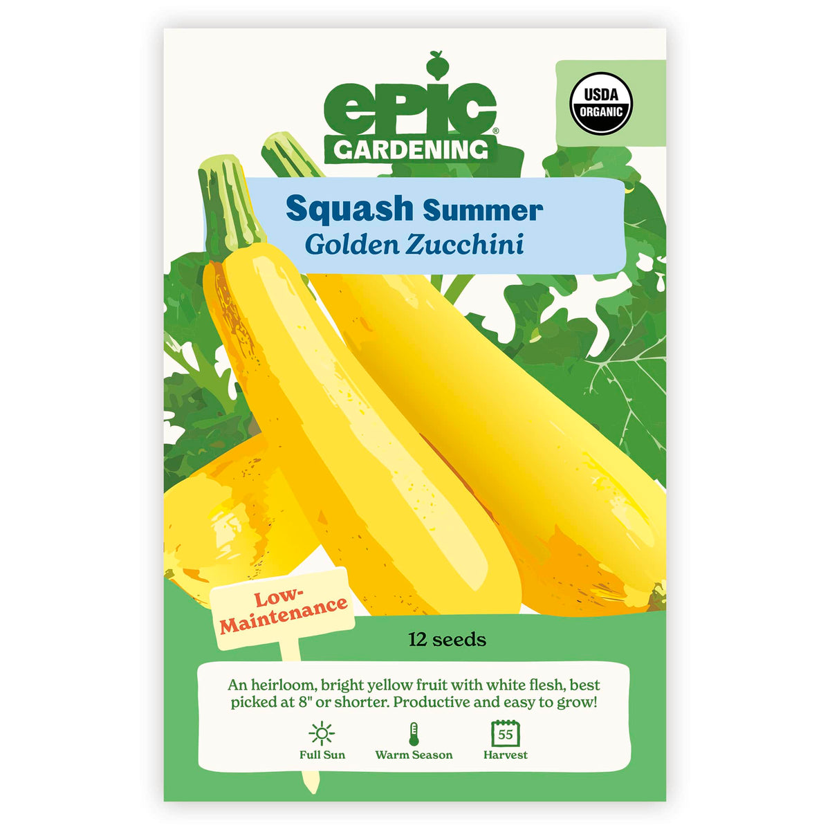 Squash Summer Golden Zucchini seed packet by Epic Gardening on a white background