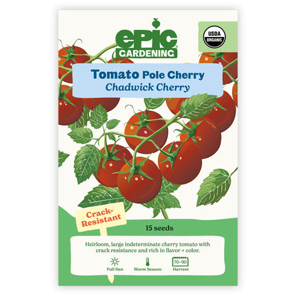 An Epic Gardening USDA Organic Chadwick Cherry Pole Cherry Tomato seed packet featuring an illustration of red cherry tomatoes on leafy vines, a "Crack-Resistant" callout, and 15 seeds count on a plain white background.