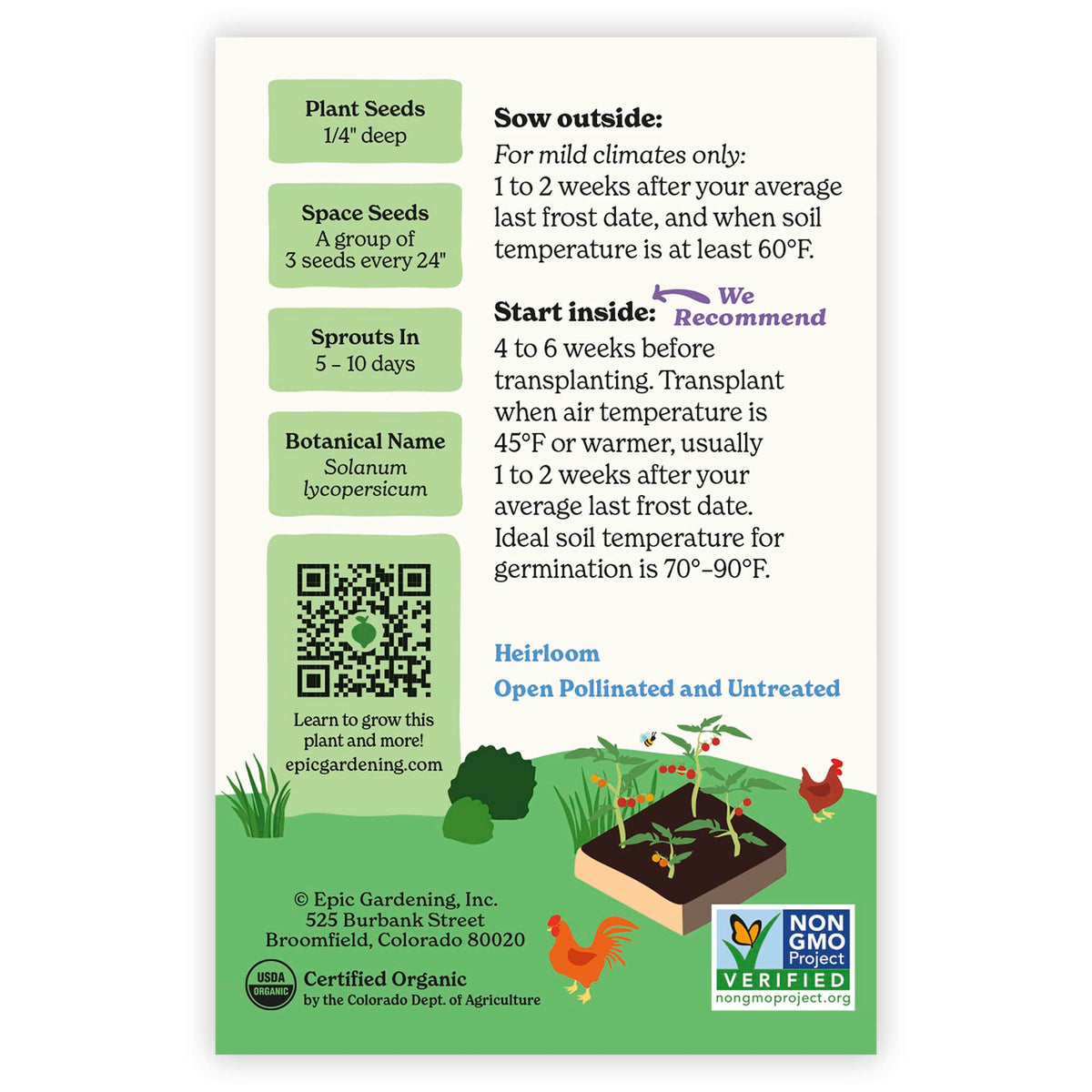 Back of an Epic Gardening USDA Organic Chadwick Cherry Pole Cherry Tomato seed packet showing planting instructions, sowing guidelines, a QR code, and a garden bed illustration on a plain white background.