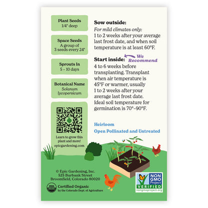 Back of an Epic Gardening USDA Organic Chadwick Cherry Pole Cherry Tomato seed packet showing planting instructions, sowing guidelines, a QR code, and a garden bed illustration on a plain white background.