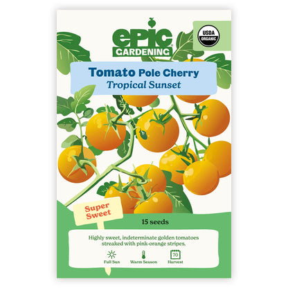 An Epic Gardening USDA Organic Tropical Sunset Pole Cherry Tomato seed packet featuring an illustration of golden-orange cherry tomatoes on leafy vines, a "Super Sweet" callout, and 15 seeds count on a plain white background.