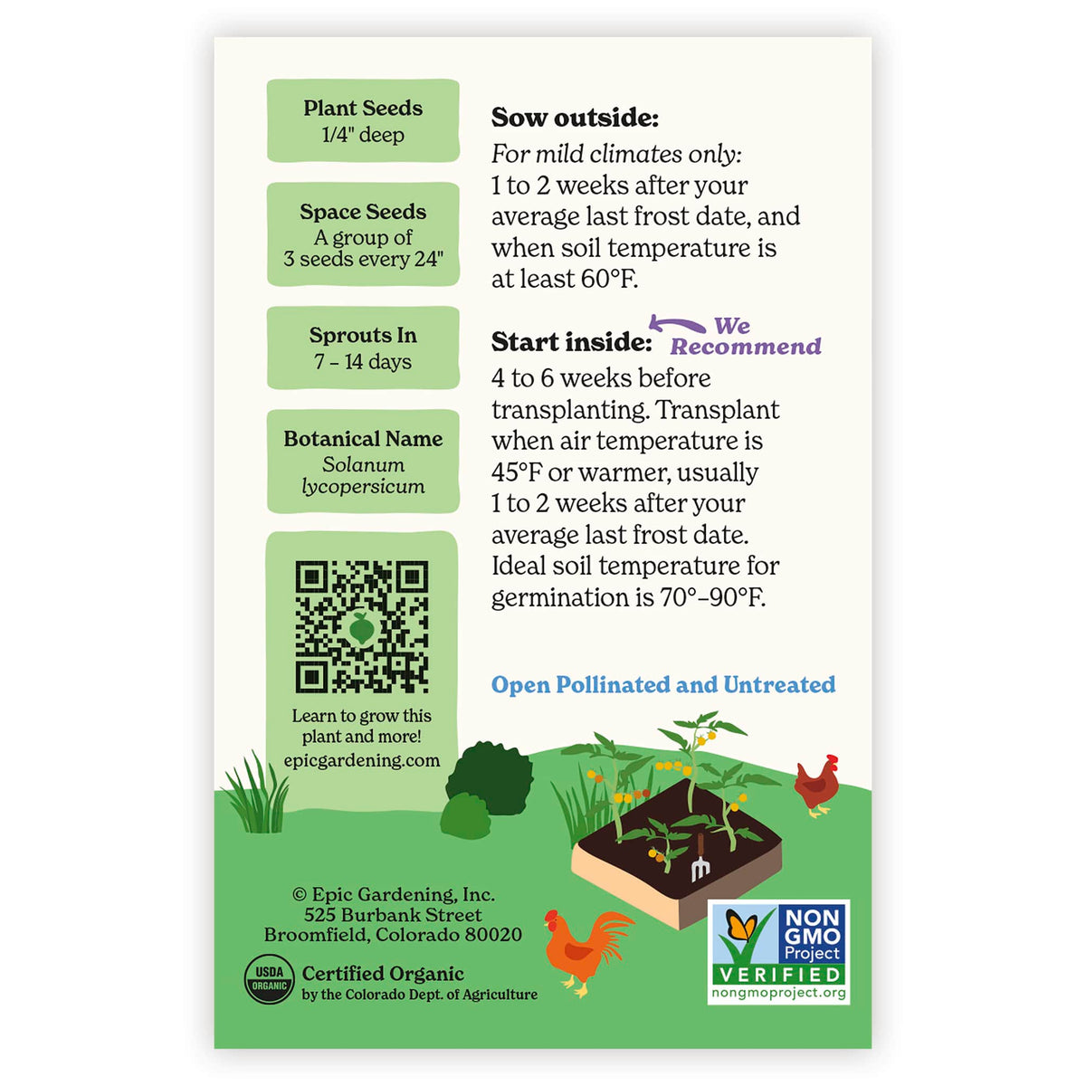 Back of an Epic Gardening USDA Organic Tropical Sunset Pole Cherry Tomato seed packet showing planting instructions, sowing guidelines, a QR code, and a garden bed illustration on a plain white background.