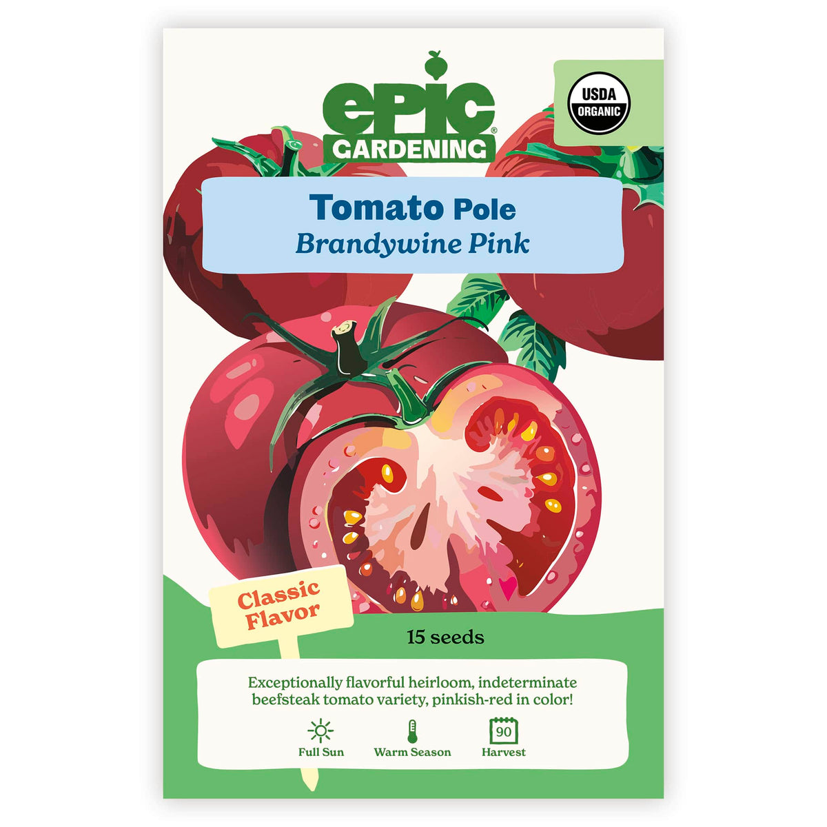 An Epic Gardening USDA Organic Brandywine Pink Pole Tomato seed packet featuring an illustration of pinkish-red tomatoes with one sliced open, a "Classic Flavor" callout, and 15 seeds count on a plain white background.