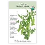 Mammoth Melting Snow Pea seed packet with botanical information and USDA Organic badge and illustration of the peas.