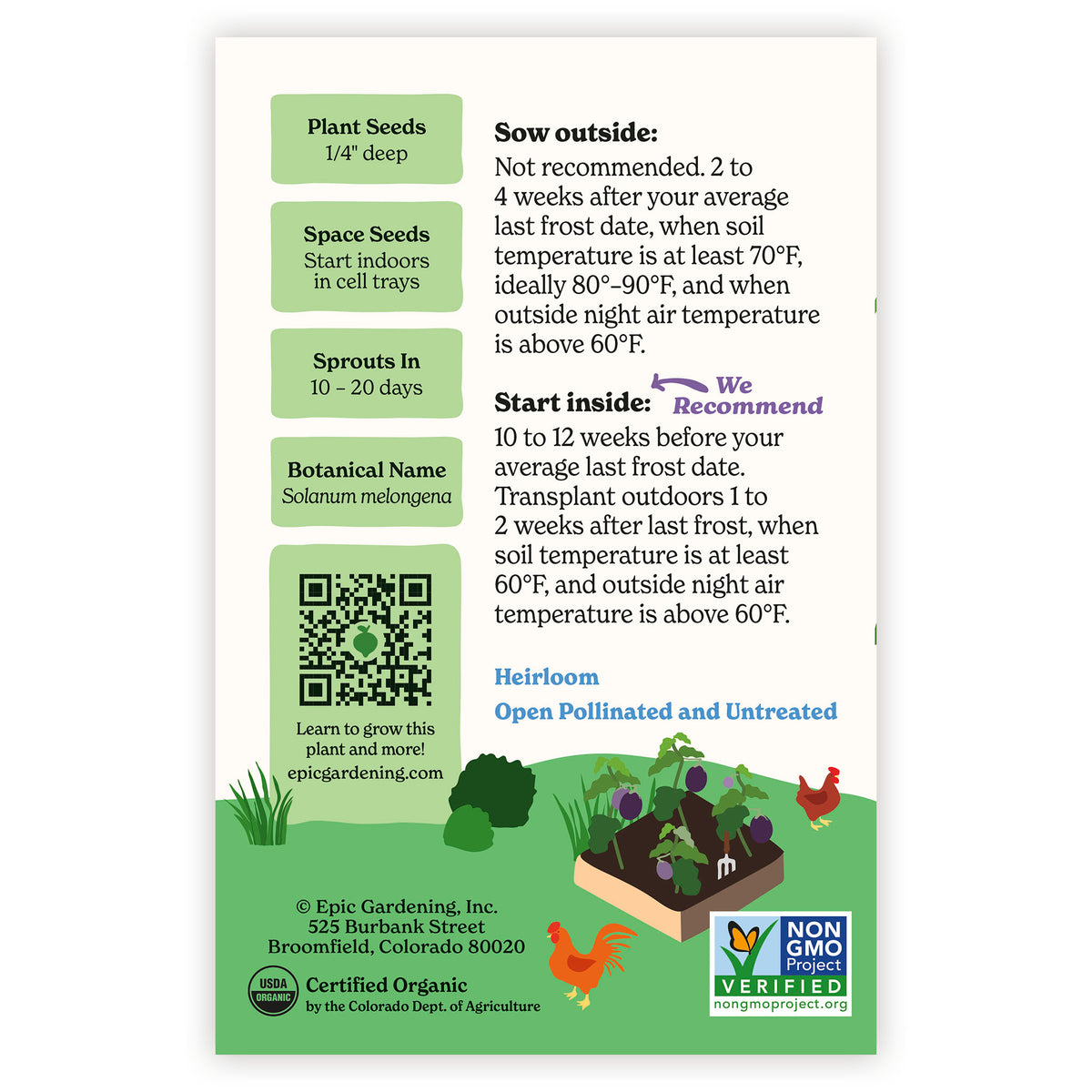 Seed packet of Black Beauty Eggplant with gardening instructions and branding on a white background