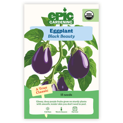 Eggplant Black Beauty seed packet by Epic Gardening on a white background