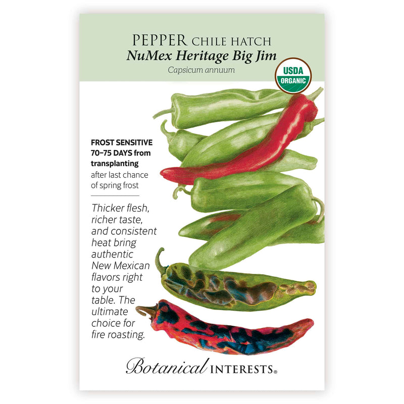 Seed packet for Botanical Interests NumEx Heritage Big Jim Pepper Chile with with illustration and growing information.