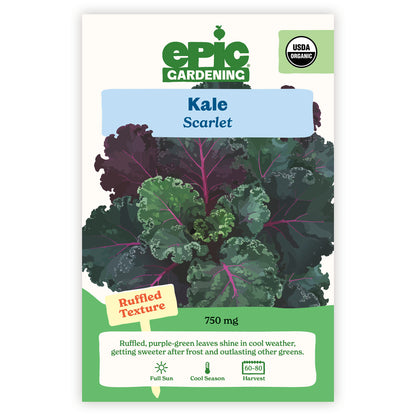 Kale Scarlet seed packet by Epic Gardening on a white background