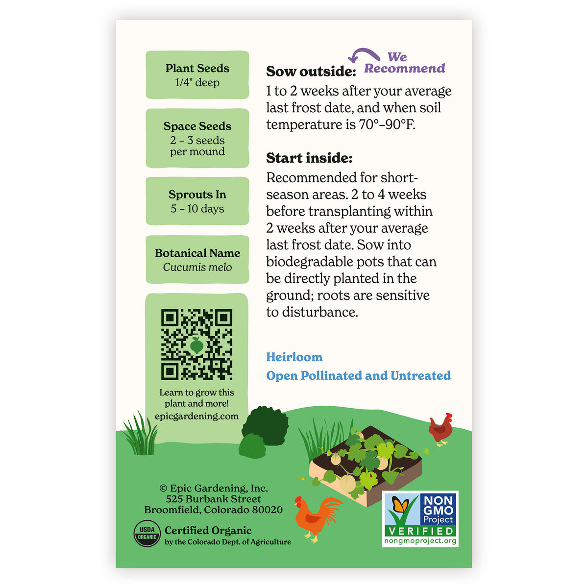Honey Rock Cantaloupe/Muskmelon seed packet with gardening instructions and QR code on a white background