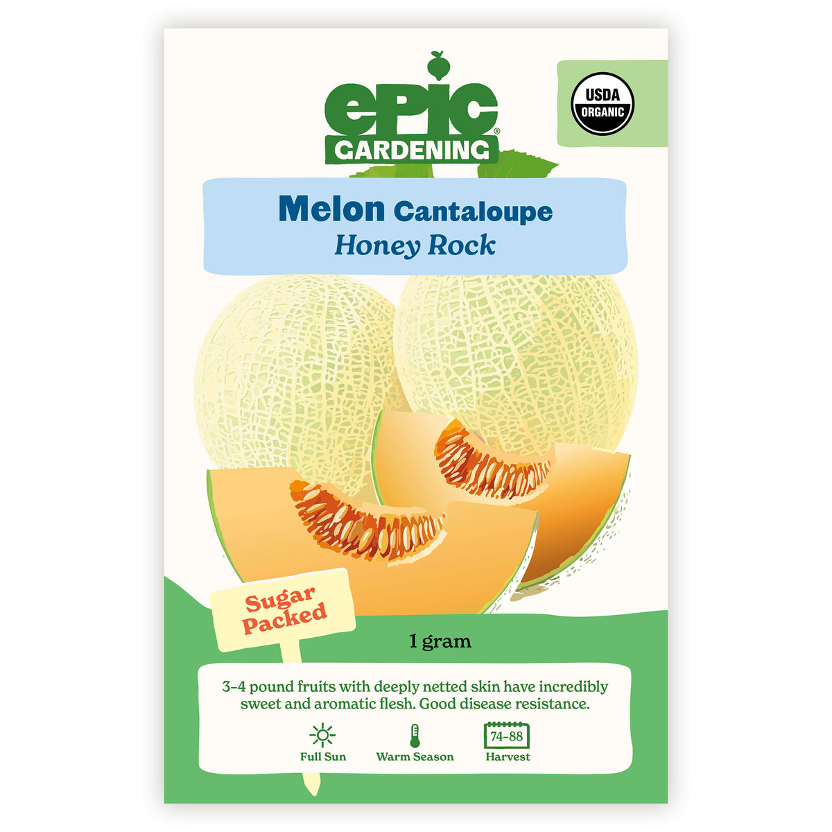 Melon Cantaloupe Honey Rock seed packet by Epic Gardening on a white background