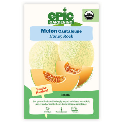 Melon Cantaloupe Honey Rock seed packet by Epic Gardening on a white background