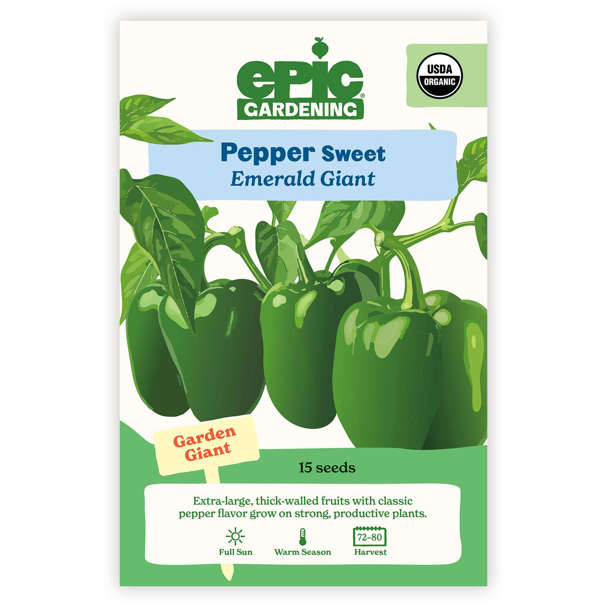 Epic Gardening Pepper Sweet Emerald Giant seed packet on a white background