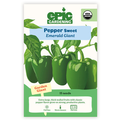 Epic Gardening Pepper Sweet Emerald Giant seed packet on a white background