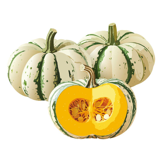 Group of Sweet Dumpling Winter Squash with one halved to reveal orange flesh on a white background