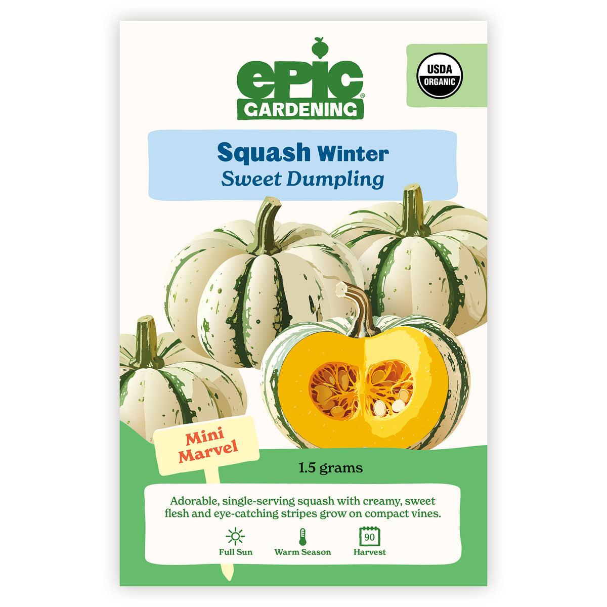 Epic Gardening Squash Winter Sweet Dumpling seed packet on a white background