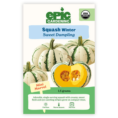 Epic Gardening Squash Winter Sweet Dumpling seed packet on a white background