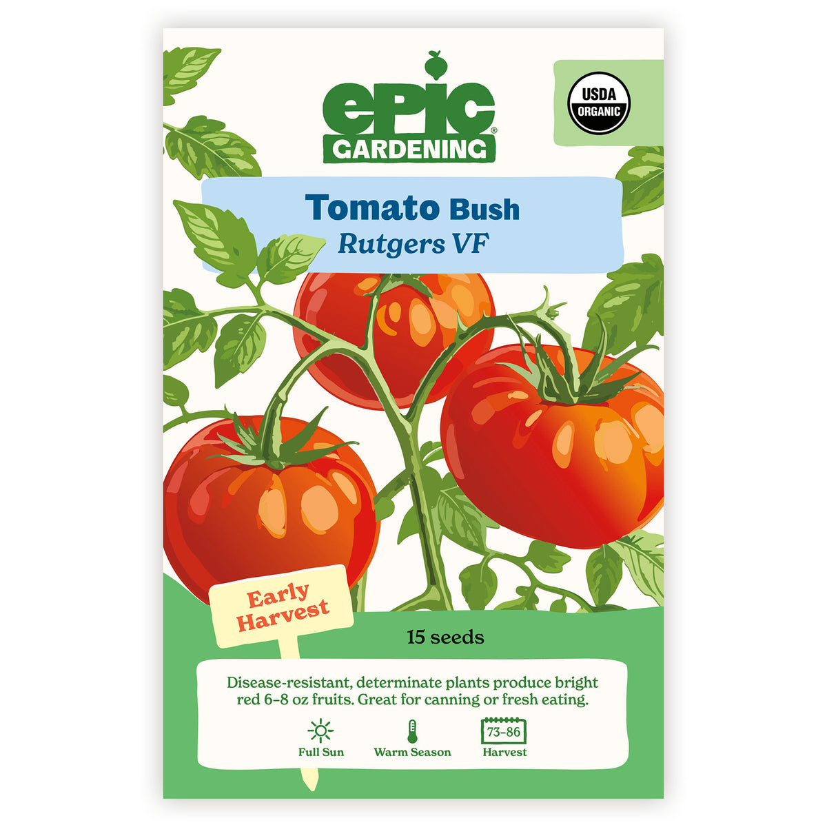 Tomato seed packet with Epic Gardening branding and illustrations of Tomato Bush Rutgers on a white background