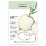 Seed packet for Botanical Interests organic Gladstone onion, illustrated with a large white bulb topped by green stems beside a halved onion and sliced rings, with text noting intermediate day length, 110 days to maturity, and a mild, sweet flavor with good storage ability.