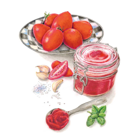 Jar of red jam made of Amish Paste Pole Tomato, with other ingredients including tomatoes, garlic, and basil on a white background