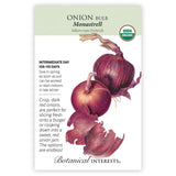 Front of a Botanical Interests seed packet for Monastrell Bulb Onion, featuring a botanical illustration of red onions and a USDA Organic logo.