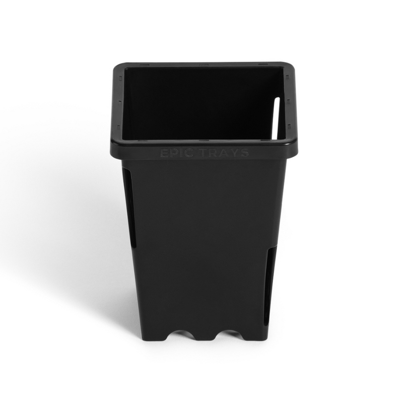 Black Epic 3” Cube Pot with embossed 'EPIC TRAYS' branding and air-pruning side slots on a plain white background.