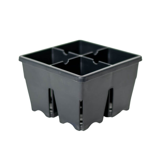 Black plastic 4-cell seed starting tray with a square outer shell divided into four deep individual planting compartments, shown against a plain white background.