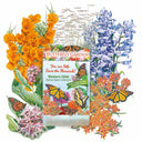 Western Glide Native Seed Collection packet for a "Butterfly Garden," surrounded by illustrated orange butterfly weed, pink milkweed, purple penstemon, ornamental grass and monarch butterflies, with packet text promoting help for monarchs and native seeds.