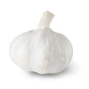 Whole garlic bulb with papery white skin and a dried, trimmed neck, shown against a plain white background.