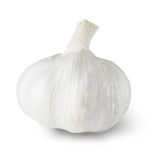 Whole garlic bulb with papery white skin and a dried, trimmed neck, shown against a plain white background.