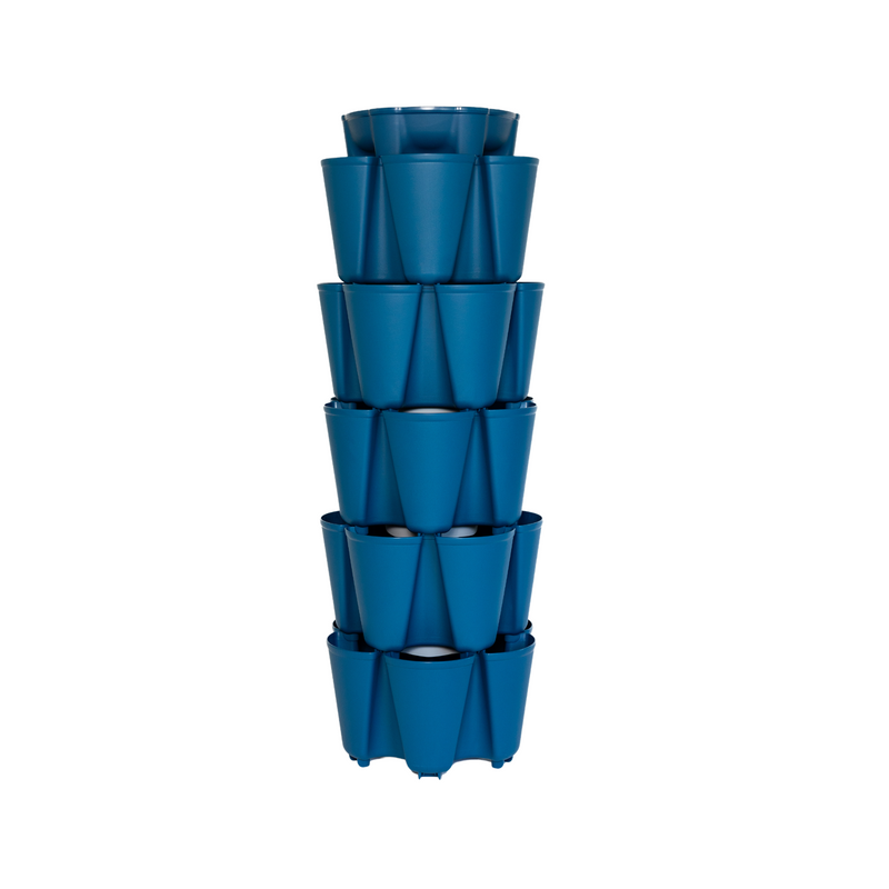 Blueberry-blue five-tier vertical planter with staggered, overlapping plastic pots stacked in a tall column, each tier offering angled planting cups around its circumference, set against a plain white background.