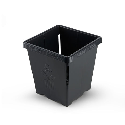 Black plastic Epic 5” Cube Pot featuring 'American Tray Co.' and 'MADE IN USA' embossed lettering with air-pruning slits