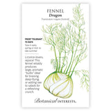 Seed packet for Dragon fennel featuring a detailed illustration of a large, layered white bulb with feathery green fronds rising above it, alongside text noting frost tolerance, a 75-day maturity, and a description praising its use in braising, frying, or raw salads.