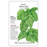 Seed packet for Heirloom Lettuce Leaf Basil featuring a detailed illustration of large, crinkled bright green leaves, with printed text noting it's an annual for full sun to part shade, sown after last frost, describing the leaves' beauty and flavor for use as wraps.