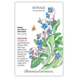 Front of an organic Botanical Interests seed packet for Borage Seeds displaying a USDA Organic seal, heirloom description, and a botanical illustration of star-shaped blue borage flowers with a honeybee landing on a bloom.