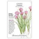 Seed packet of Common Chives with chives illustration and botanical information about the plant on a white background