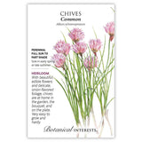 Seed packet of Common Chives with chives illustration and botanical information about the plant on a white background