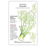 Botanical Interests seed packet for Finocchio Fennel featuring an illustration of the plant's feathery green fronds atop a swollen white bulb, with text noting it's frost tolerant, heirloom, ready in 90 days, and grown for its licorice-flavored bulb, foliage, and seeds.