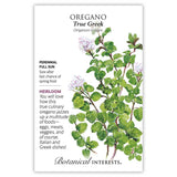 Seed packet for True Greek Oregano featuring a botanical illustration of small oval leaves and clusters of tiny pale pink-white flowers on branching stems, with printed text noting it's a perennial, full-sun, heirloom culinary herb to sow after last frost.