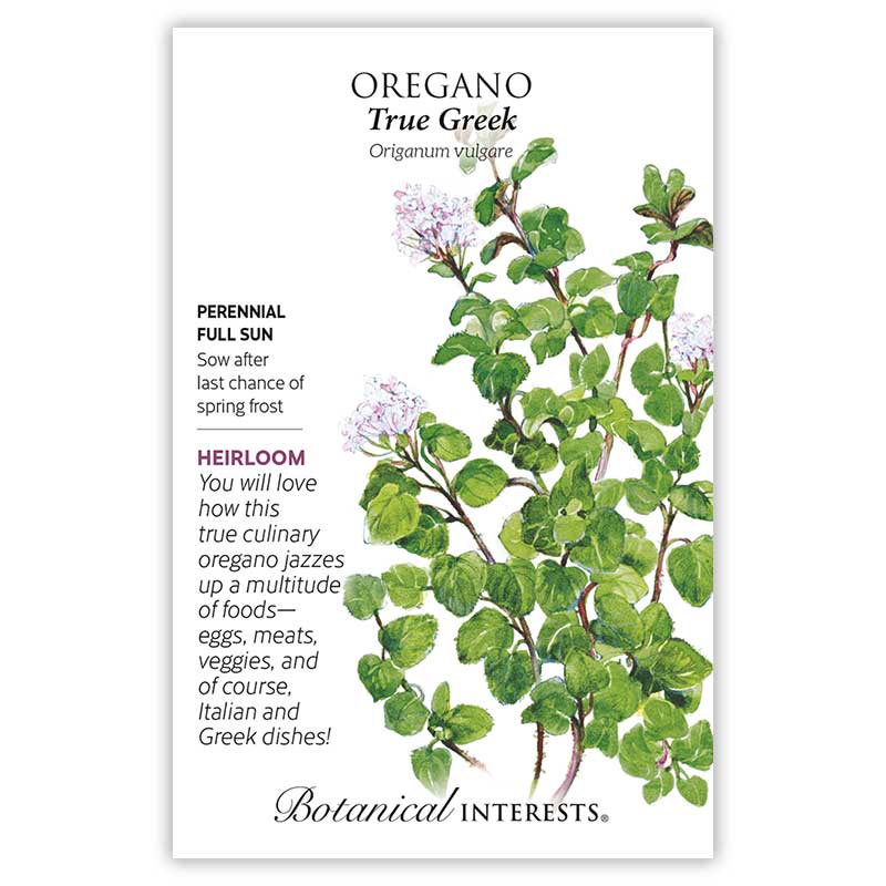 Seed packet for True Greek Oregano featuring a botanical illustration of small oval leaves and clusters of tiny pale pink-white flowers on branching stems, with printed text noting it's a perennial, full-sun, heirloom culinary herb to sow after last frost.