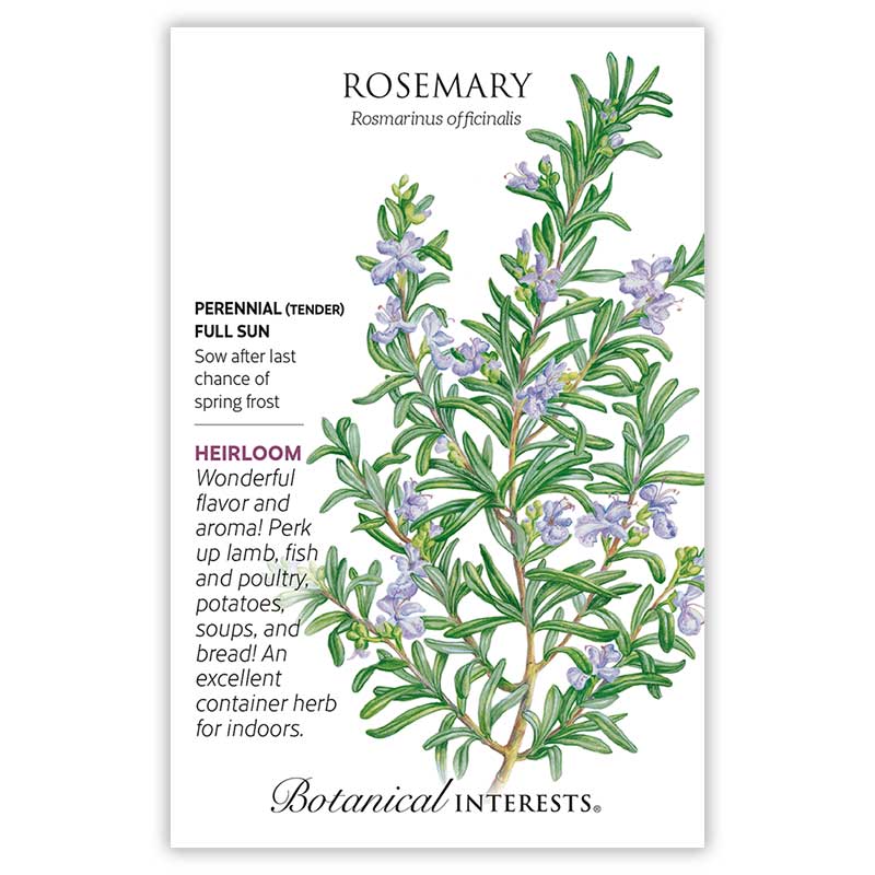 Seed packet for heirloom Rosemary featuring a detailed illustration of woody, needle-leaved stems with small lavender-blue flowers, alongside text noting it's a tender perennial for full sun, sown after last frost, praised for flavoring lamb, fish, poultry and bread.