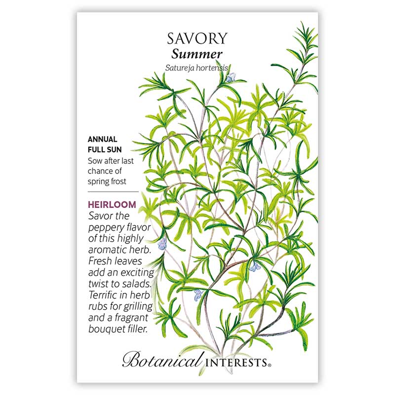 Botanical Interests seed packet for Summer Savory featuring an illustration of slender green stems with narrow leaves and small blue flowers, alongside text noting it's a full-sun heirloom annual with a peppery flavor suited to salads, herb rubs, and bouquets.